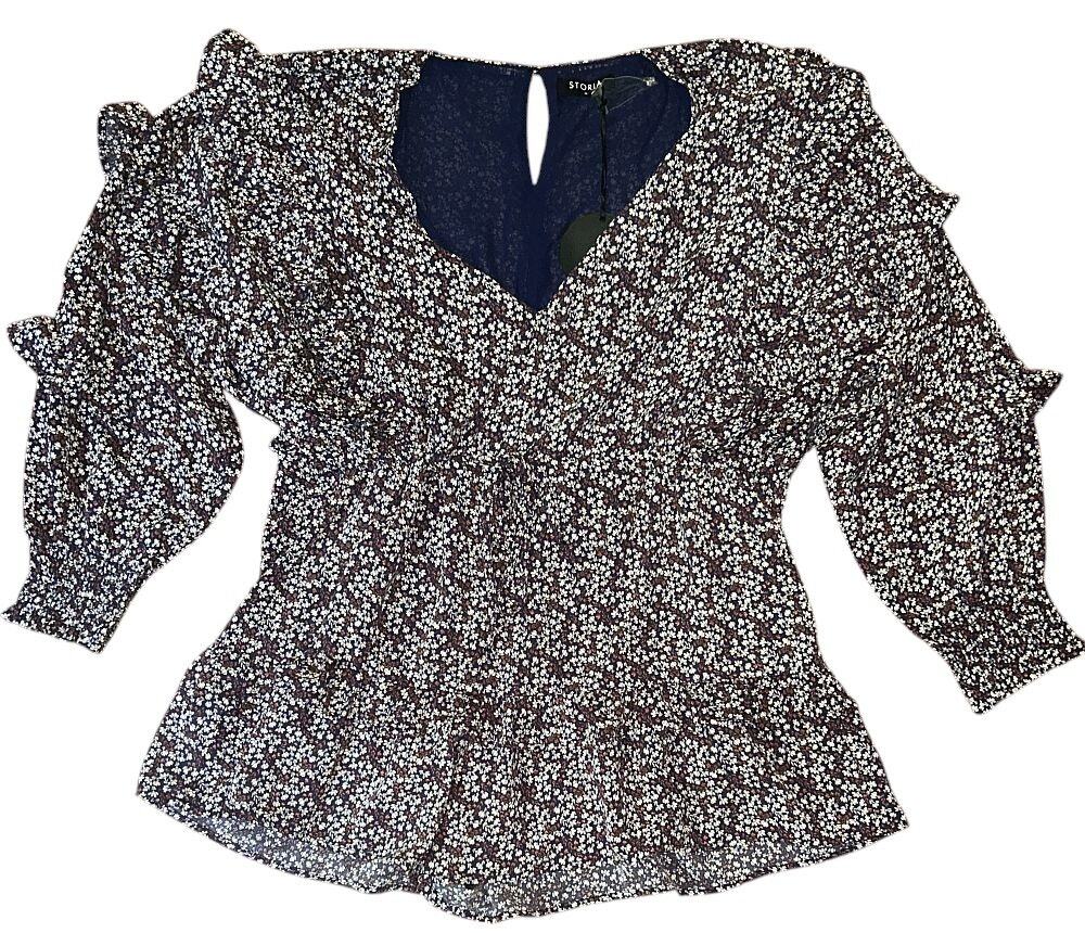NWT Storia Blue & Brown Floral Lined Long Sleeve Ruffled Mini Dress Medium